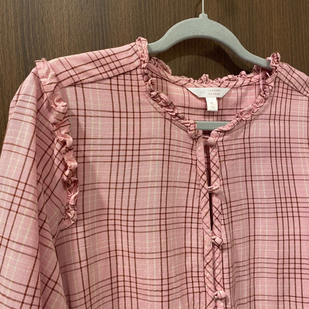 LC Lauren Conrad Bundle Size XL Floral Plaid Blouse Tops Ruffle Popover Feminine - Picture 4 of 15